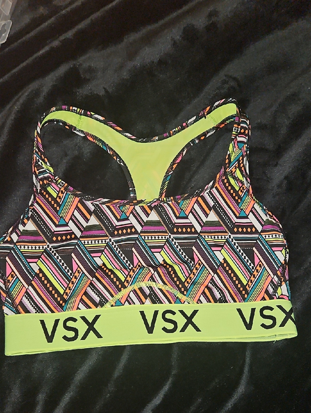 VSX Neon Lime & Multicolor Geometric Racerback Sports Bra